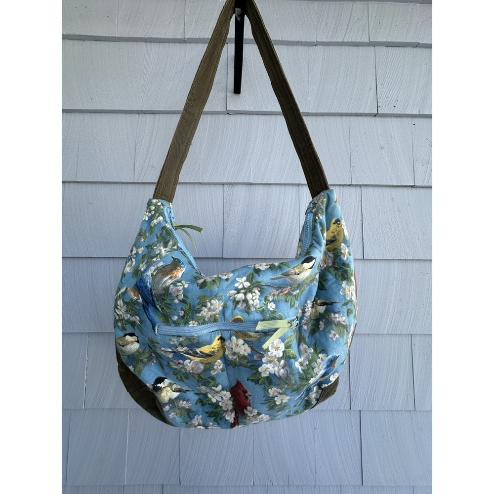 Sally Bag Bird Print Shoulder Bag Floral Cotton Corduroy Trim Zip Hobo‎